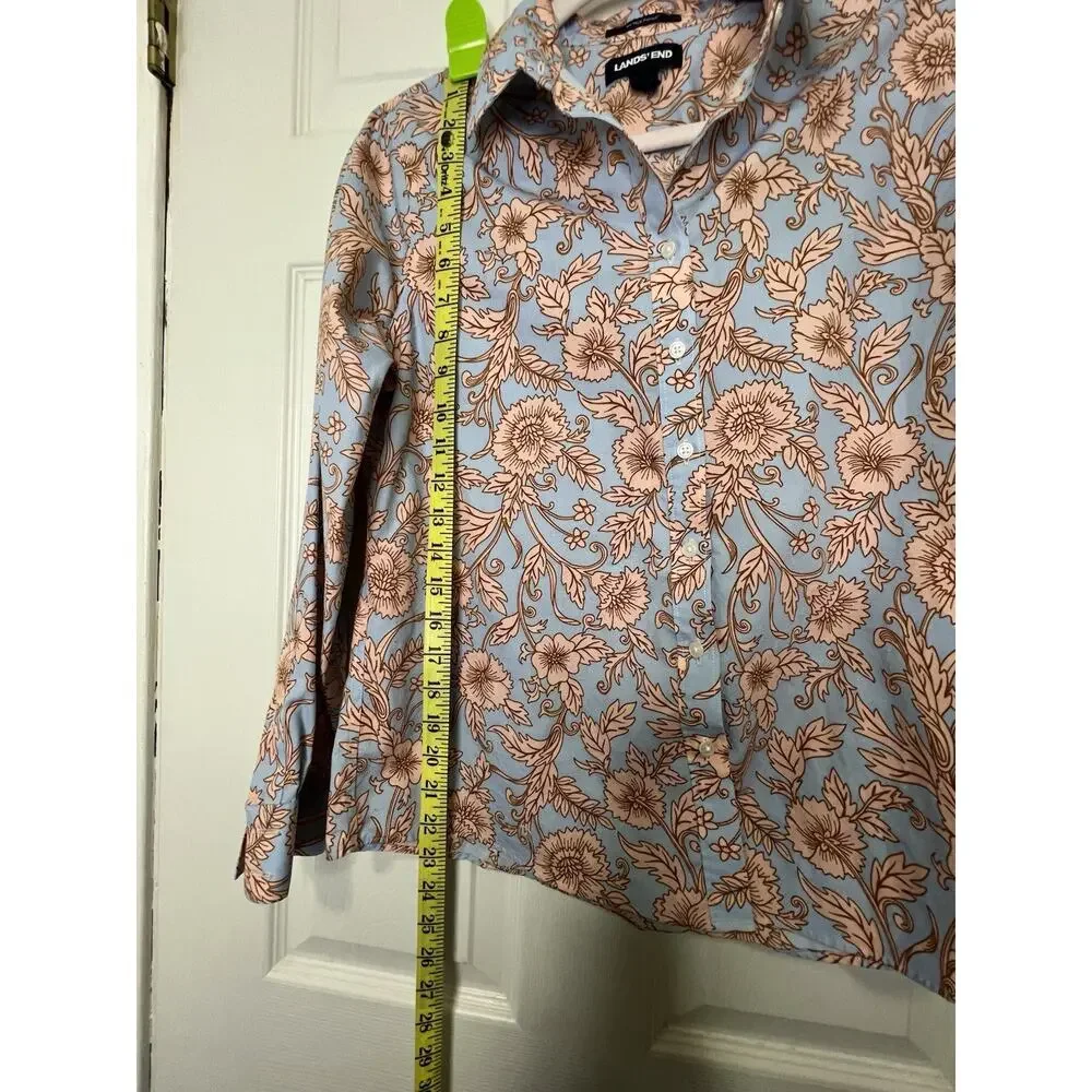 Lands'End Women’s Blue Peach Floral Supima Cotton Button Up Shirt Size 8p Petite - Picture 4 of 11
